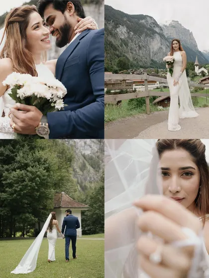 A collage from Punar and Malhar's Swiss elopement, showing their romantic portraits against the stunning mountain scenery.