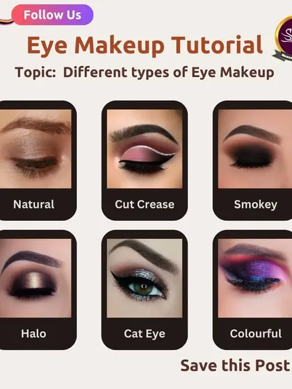 A visual guide to different types of eye makeup styles, from natural and cut crease to smokey and halo.