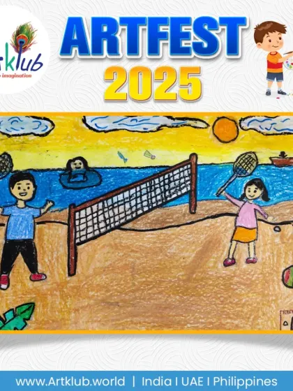 A fun-filled beach scene with friends playing badminton, drawn by a junior artist.