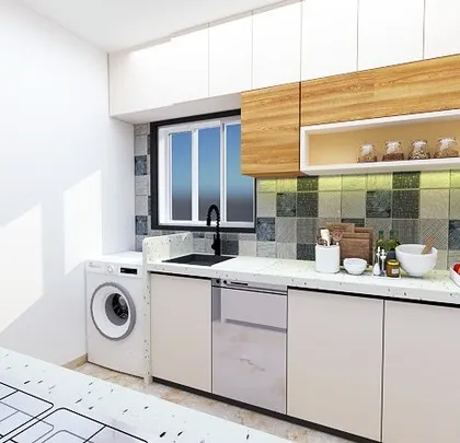 A 3D design proposal for a compact and efficient modular kitchen. The design incorporates a dual-tone color scheme, patterned tiles, and dedicated spots for all appliances, including the washing machine and dishwasher.