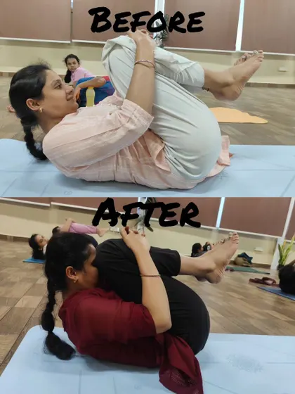 A simple but clear before and after comparison. Notice the increased flexibility and compression in the 'after' photo, showing how the body opens up with regular practice.