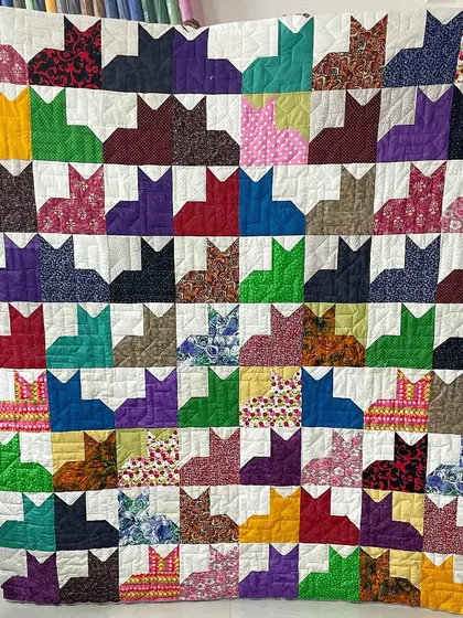 A "Cat City" quilt, where simple blocks are arranged to look like rows of colorful cats. A fun and whimsical design.