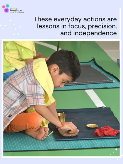 This child is polishing a brass object, a practical life activity that teaches care for the environment, sequencing, and the satisfaction of a job well done.