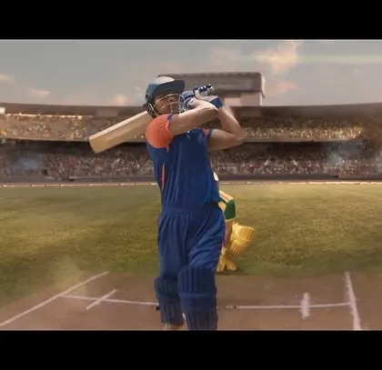 A scene from the Air India ad depicting a cricketer hitting a six. The styling of the cricket uniform was crucial for authenticity in this celebratory moment for the nation.