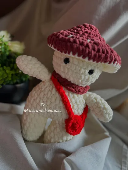 Our mushroom character, looking ready for an adventure. The attention to detail in its accessories makes it a truly special, one-of-a-kind toy.