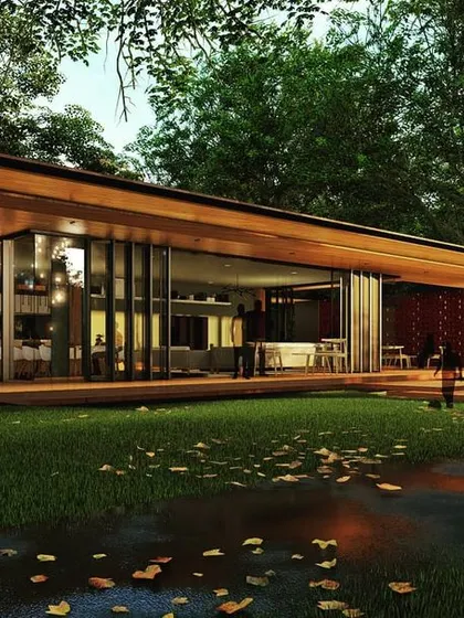 Another perspective of the Avadhani Estates render, highlighting the expansive wooden deck that extends the living space into the outdoors.