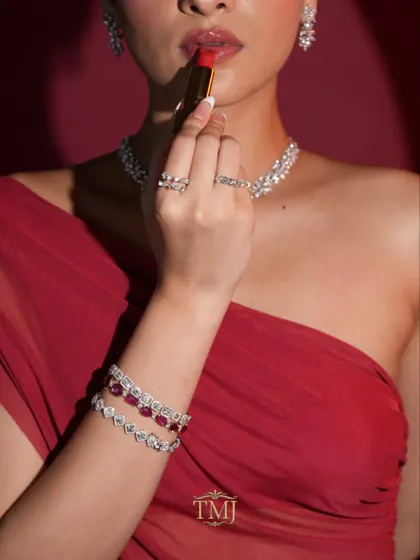Did you know that in ancient Sanskrit, rubies represented the sun and diamonds the stars? Together, this ruby and diamond bracelet stack symbolizes cosmic balance.