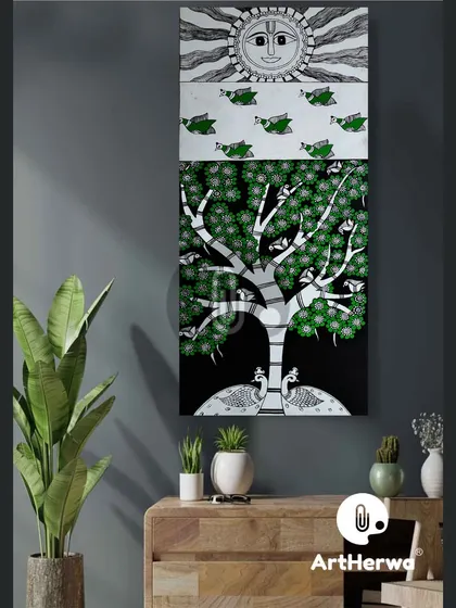 A beautiful canvas painting in the traditional Gond art style. This piece, featuring a tree of life with peacocks, is perfect for adding a touch of Indian heritage and intricate artistry to home decor.