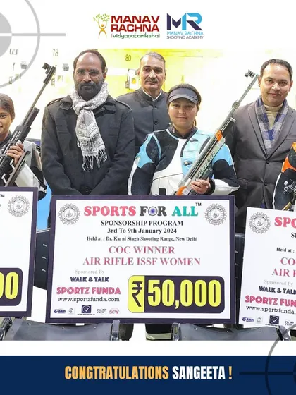Our coach Sangeeta receives her winner's scholarship of INR 50,000 from the Sports For All Foundation after clinching first place in the 10M Air Rifle Women's event.