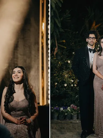 A collage showing the bride's joyful reaction and a classic couple portrait. This pairing tells a story of the evening, from candid emotion to posed elegance.