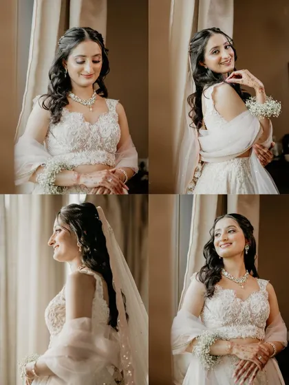 A collage of the bride's portraits by the window on her engagement day. The natural light beautifully highlights her features and her stunning white lehenga.