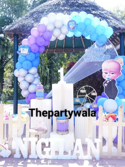 Another look at the outdoor Boss Baby party, showing the full decor in a beautiful natural setting.