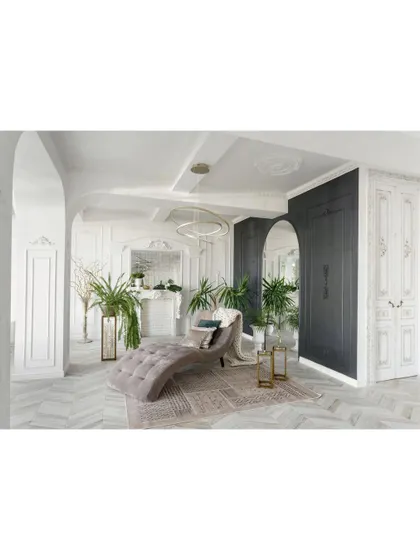 A room that blends classic architecture with biophilic design. The ornate wall moldings and arches are softened by the abundance of indoor plants, creating a fresh and elegant space.