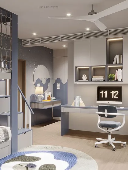 The study area in the superhero-themed room is designed for productivity, with ample desk space, shelving, and good lighting, all while maintaining the cool blue and grey color scheme.