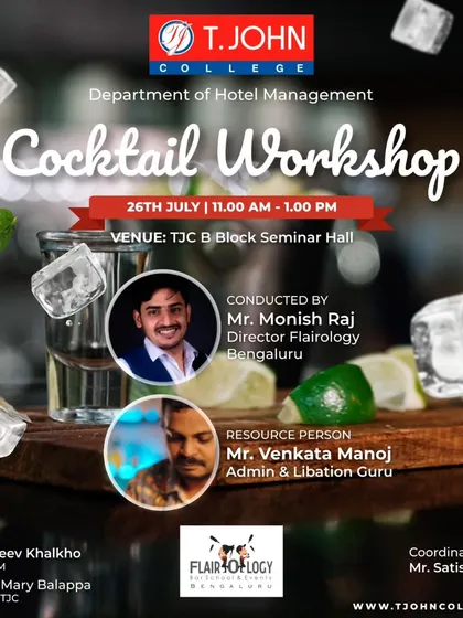 A poster for our exclusive mixology workshop at T. John College. We partner with educational institutions to bring our professional training to hospitality students.
