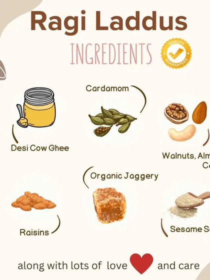 Here are the wholesome ingredients that make my Ragi Laddus so special. I use pure desi cow ghee, organic jaggery, and a healthy blend of walnuts, almonds, cashews, raisins, and sesame seeds for that perfect crunch and natural sweetness.