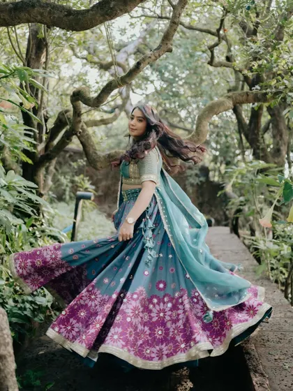 A fun, twirling shot in the woods. The makeup is designed to look great in natural light and stay put through all the festivities.