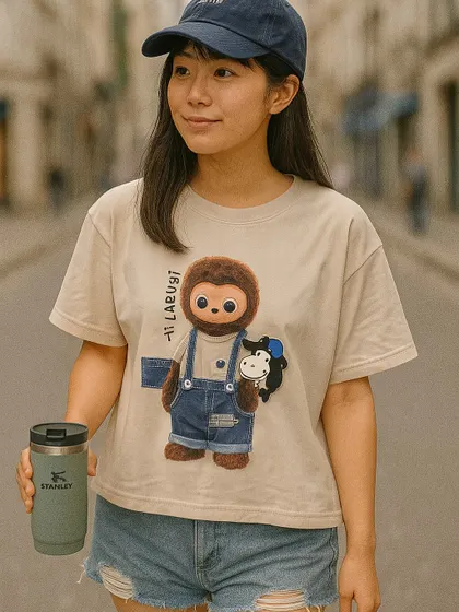 Our beige Labubu t-shirt is a neutral and versatile option. It features the same popular graphic as our black tee, allowing you to choose the color that best fits your personal style while still showing off your favorite character.