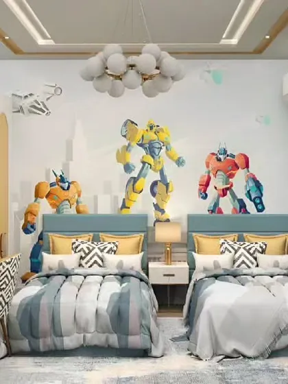 A duplicate of image 138, this shared bedroom is perfect for fans of the Transformers, with a bold wall mural and themed decor.