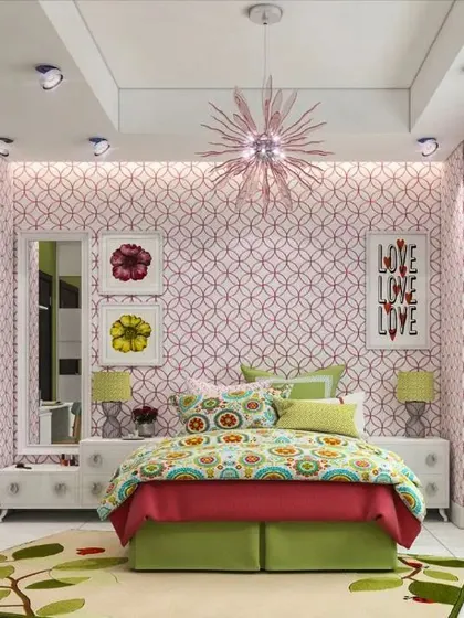 A vibrant and colorful girl's bedroom with patterned wallpaper and bright bedding. The room includes a small desk and shelving, creating a cheerful space for both study and rest.