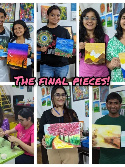 A collage of the final pieces from a weekend workshop, featuring a variety of beautiful canvas paintings and dot mandalas.