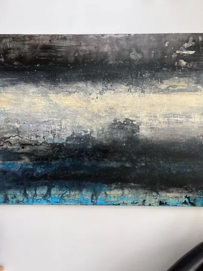 The full canvas of 'Don’t Hold the Thought'. This piece explores the subtle gradations between light and dark, with a band of serene blue at the bottom.