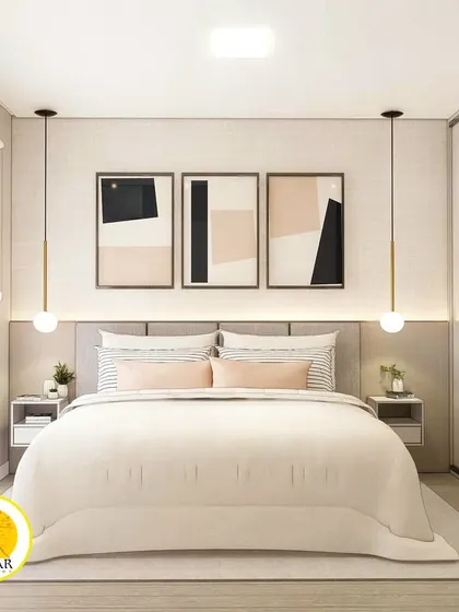 A modern bedroom with abstract art prints and a clean, minimalist design.