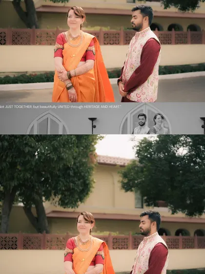 A cinematic, wide-screen style collage that tells a story of a couple united in heritage and heart, set against a beautiful architectural backdrop.