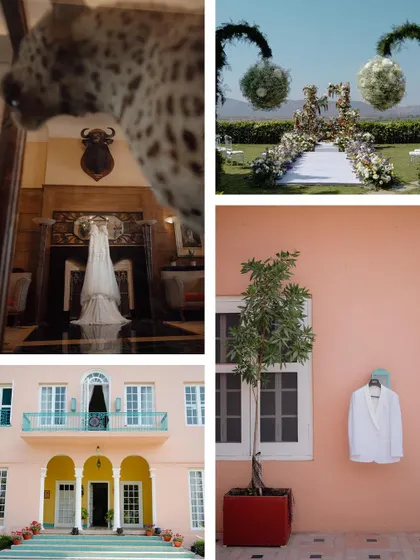 A collage of details from a Christian wedding, showing the venue, the bride's dress, the groom's suit, and the beautiful floral decor.