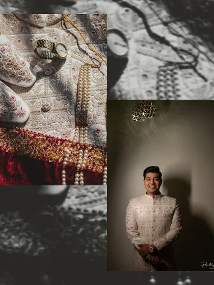 A creative collage showcasing the groom's portrait and the fine details of his wedding attire, including his watch and traditional shoes.