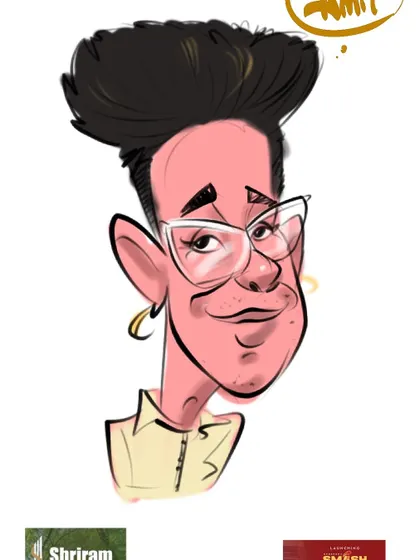 A closer look at a stylish digital caricature created on my iPad. I love the freedom digital art gives me to play with bold colors and sharp lines to create a modern and fun portrait.