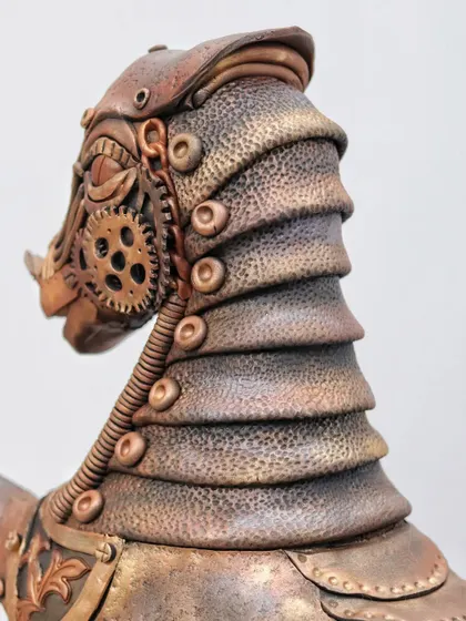 The neck and head of the Steampunk horse, showing the layered armor plates and detailed gears around the eye.