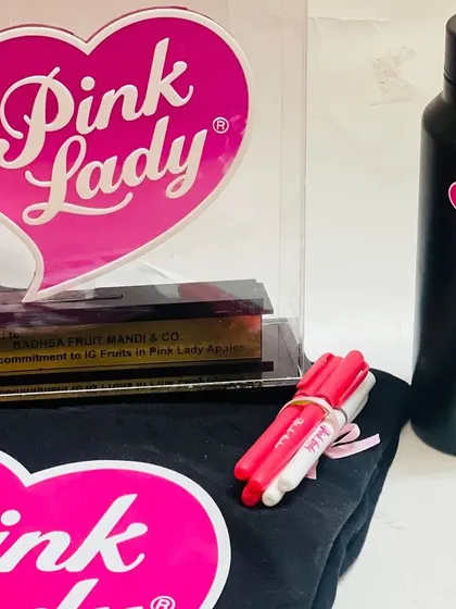 A collection of branded merchandise for a corporate client. This set includes a 'Pink Lady' branded t-shirt, a water bottle, markers, and an award, perfect for marketing campaigns or employee rewards.