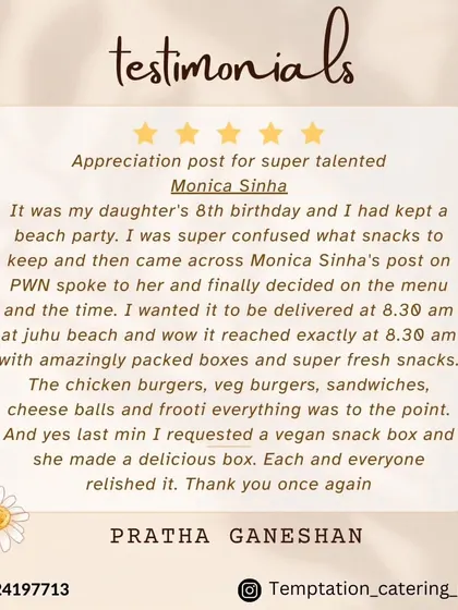 Punctuality is key, especially for a party. This client was thrilled that her order for a beach party arrived exactly on time, with fresh chicken burgers, sandwiches, and even a last-minute vegan snack box.