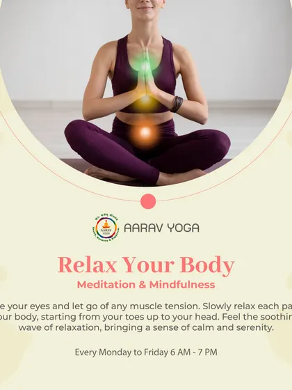 "Relax Your Body." This graphic explains the practice of mindfulness meditation, guiding you to close your eyes and release muscle tension to bring a sense of calm and serenity.