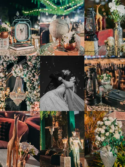 A mood board from a vintage travel-themed Sangeet, showing details like antique globes, lanterns, and lush floral arrangements. I love creating detailed and immersive themes.