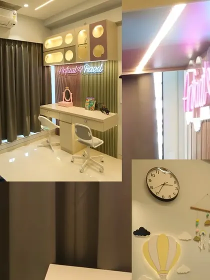 A collage of a fun and functional kids' room, featuring a cool study desk with neon lights and a travel-themed wallpaper.