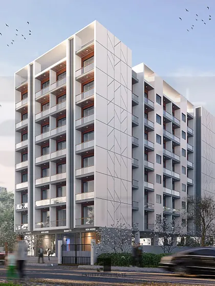 A 3D render for an upcoming commercial cum residential building in Taloja. The design for this Stilt+7 structure features a clean, minimalist facade with defined lines, providing a sophisticated look suitable for its mixed-use purpose.