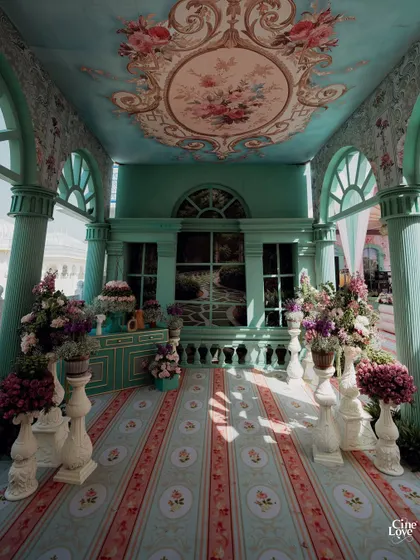 A grand entrance corridor for the 'Mint to Be' event, featuring mint-green pillars, a painted ceiling with a floral medallion, and an abundance of flowers. The design is pure fairytale romance.