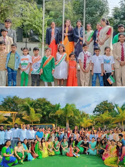 Students and staff gather for a group photograph after the flag hoisting ceremony, a beautiful display of unity in the colors of the tricolor.