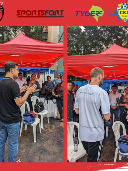 Our founder, Jay Jhaveri, addresses parents and players alongside a Premier League scout at the IKF workshop, explaining the opportunities available through the program.