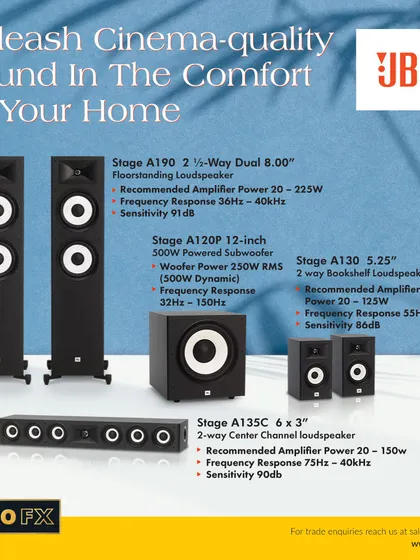 Unleash cinema-quality sound in the comfort of your home with this comprehensive JBL Stage package. It features A190 floor-standing speakers, A130 bookshelf surrounds, an A135C center, and the A120P subwoofer for a truly immersive audio spectrum.