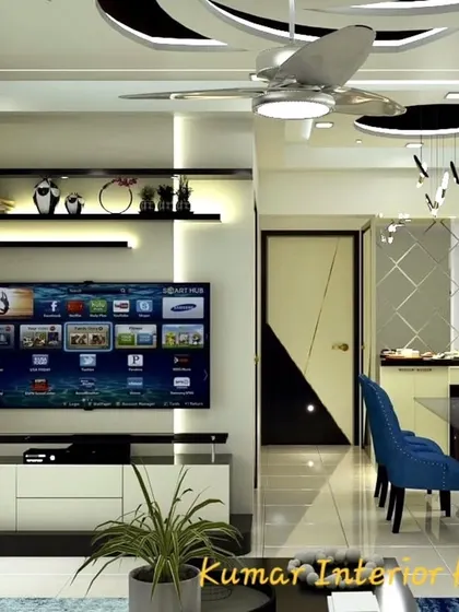 Another angle of the same living room, showing the connection to the dining area. The consistent design theme ensures a smooth visual transition between the two zones.