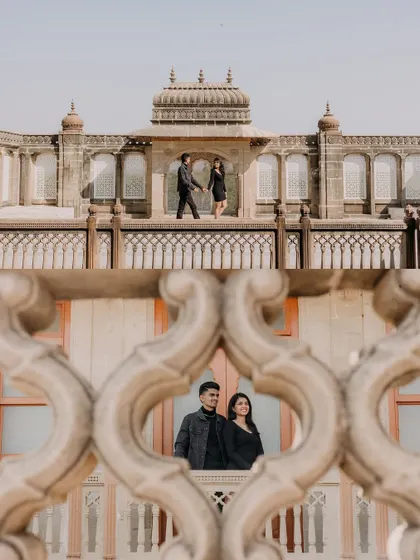 Creative framing at Vijay Vilas Palace. The top image captures the couple on a balcony, while the bottom shot peers through an ornate stone railing, creating a sense of a secret, stolen moment.