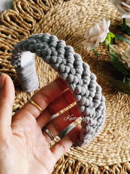 A chic grey version of my new macrame hairband design. This neutral color is perfect for a sophisticated, modern look.