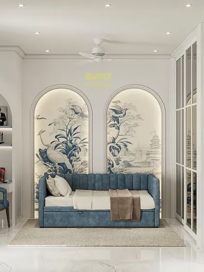 A beautiful guest bedroom concept for ATS Rhapsody, featuring a sofa-cum-bed for flexibility. The walls are adorned with arched panels and Chinoiserie-style wallpaper, creating a sophisticated and artistic space.