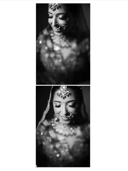 A black and white collage that captures the bride's gentle smile and the intricate details of her makeup and jewelry, giving it a classic, timeless feel.