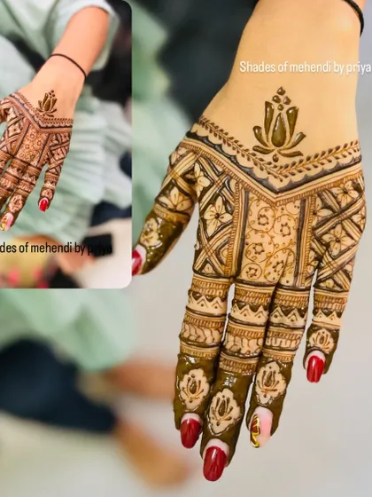 A stylish and modern take on traditional mehendi. The design features a lotus motif and geometric patterns, with an inset showing the design before the henna paste was removed.