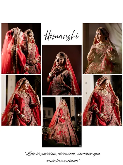 A beautiful collage dedicated to the bride, "Himanshi," featuring a collection of her stunning portraits in her red bridal lehenga.