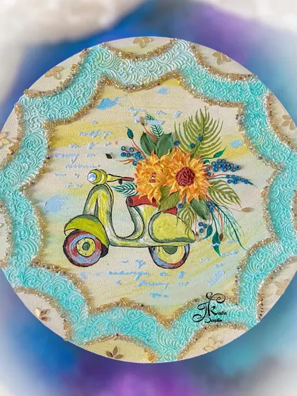 The full view of the nostalgic scooter-themed wall art, set within a beautifully textured border.